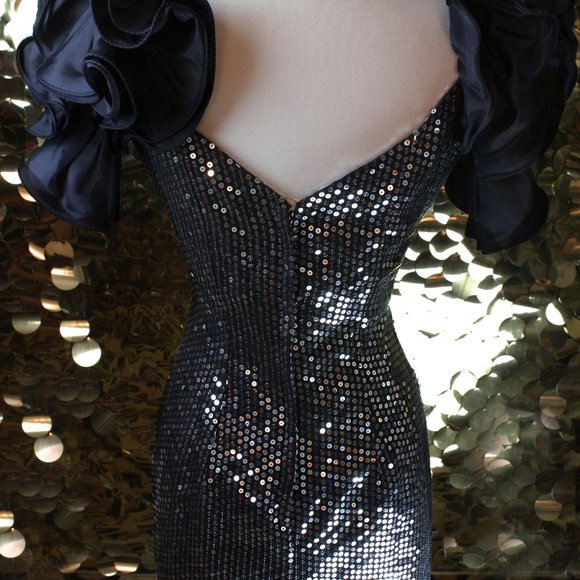Black Silver Sequin Nadine Ruffle Sleeve Ballgown - Picture 8 of 10